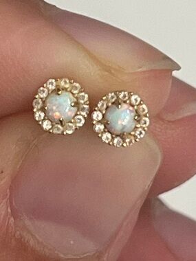 Gold Opal Halo Stud Earrings - White Opal Accent